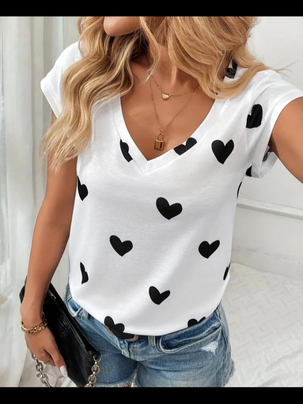 White Tee with Black Heart Print V-Neck Tee-Large